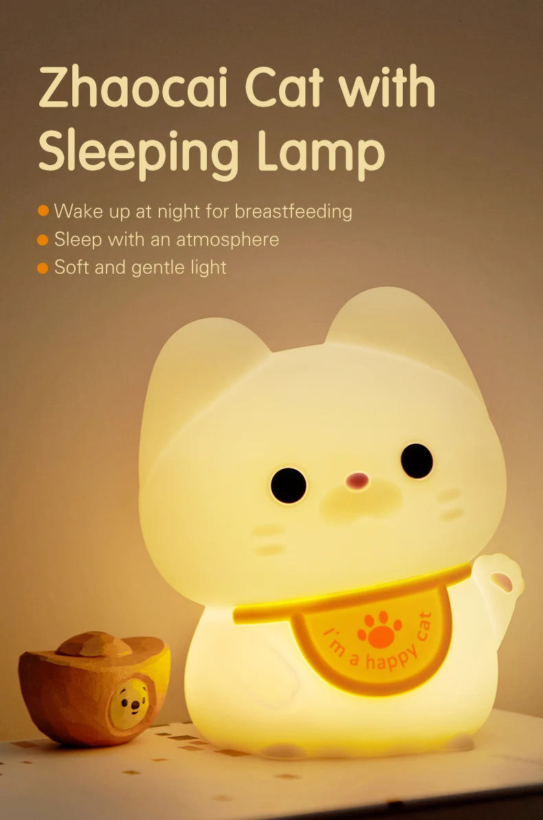 1pc Lucky cat LED night light Room decorative light mood light Bedroom decorative light Cute animal lamp with sleeping light
