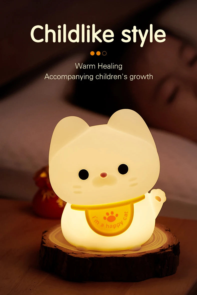 1pc Lucky cat LED night light Room decorative light mood light Bedroom decorative light Cute animal lamp with sleeping light