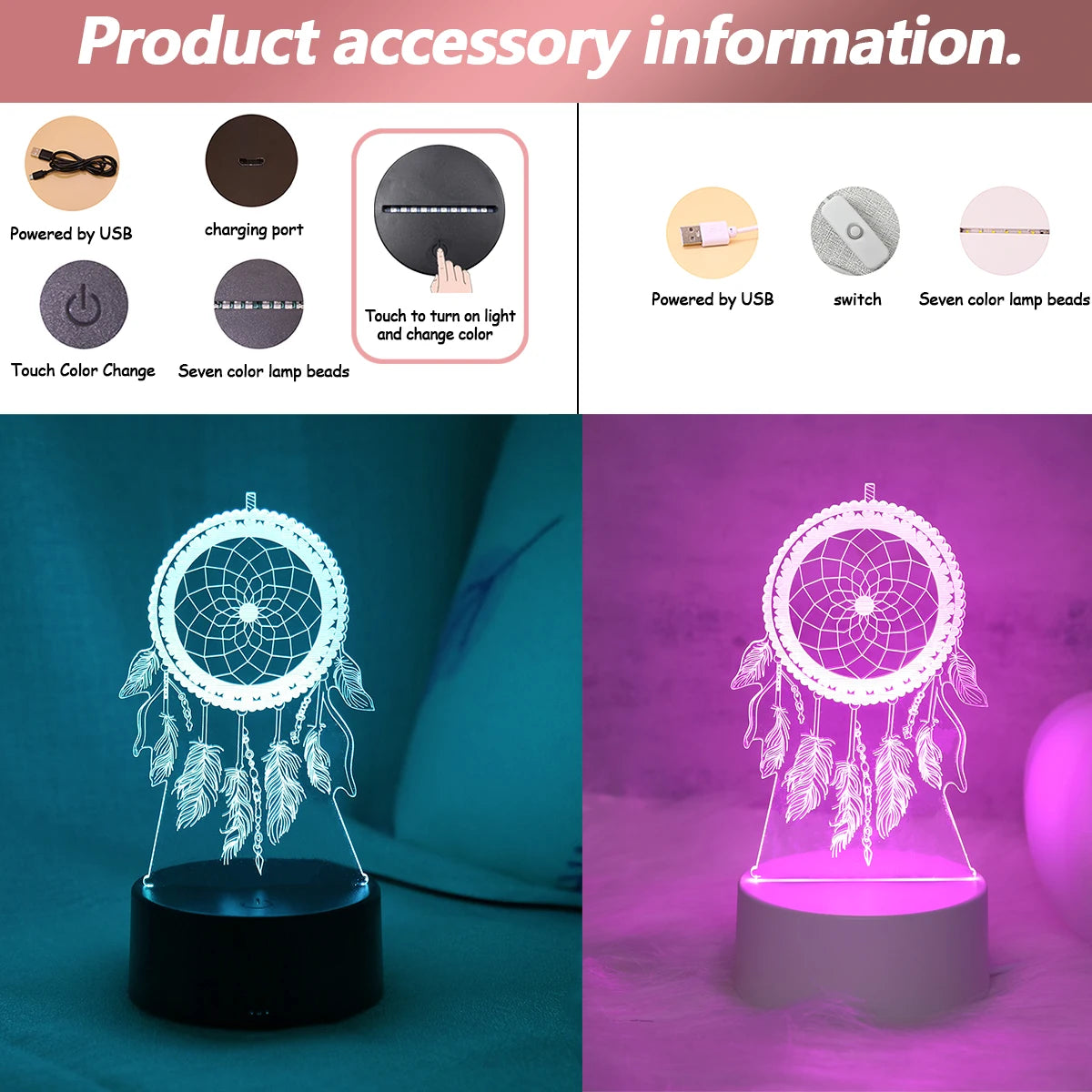 Dreamcatcher 3D Night Light, Colorful Gradient Atmosphere Night Light,